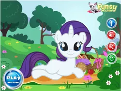 Size: 703x526 | Tagged: safe, derpibooru import, rarity, oc, oc:fynsy, cat, pony, blank flank, bootleg, cookie, cute, eating, filly, flash game, furry, fynsy, happy, image, lying down, picnic, png, smiling