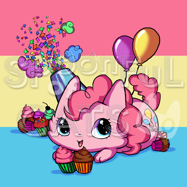 Size: 720x720 | Tagged: safe, artist:spoonfulofcats, derpibooru import, pinkie pie, cat, balloon, cupcake, party cannon, species swap, watermark