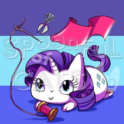 Size: 720x720 | Tagged: safe, artist:spoonfulofcats, derpibooru import, rarity, cat, fabric, needle, scissors, species swap, thread, watermark