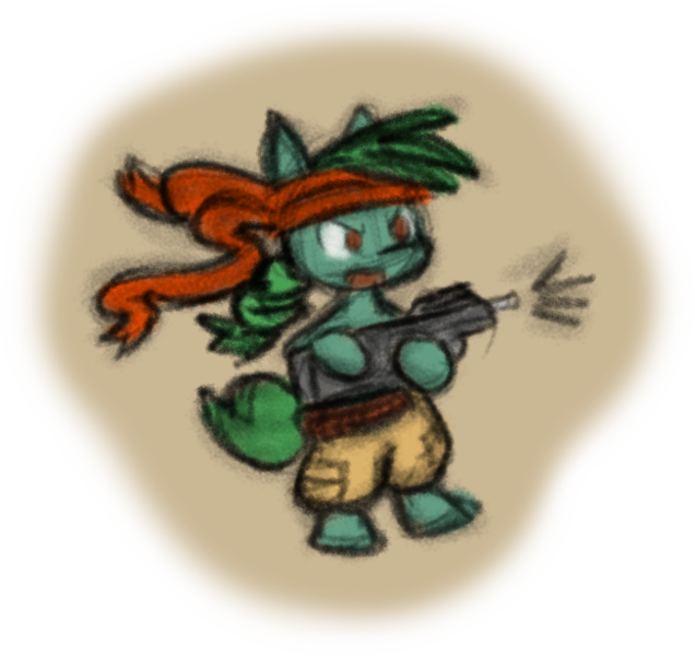 Size: 652x615 | Tagged: safe, artist:zutcha, derpibooru import, oc, oc:lonely day, unofficial characters only, earth pony, pony, fanfic:the last pony on earth, ponies after people, assault rifle, bandana, bipedal, clothes, female, fn p90, gun, hooves, illustration, mare, open mouth, ponytail, rifle, solo, weapon