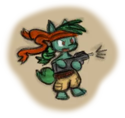 Size: 652x615 | Tagged: safe, artist:zutcha, derpibooru import, oc, oc:lonely day, unofficial characters only, earth pony, pony, fanfic:the last pony on earth, ponies after people, assault rifle, bandana, bipedal, clothes, female, fn p90, gun, hooves, illustration, mare, open mouth, ponytail, rifle, solo, weapon