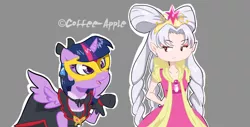 Size: 800x406 | Tagged: safe, artist:coffee-apple, derpibooru import, twilight sparkle, twilight sparkle (alicorn), alicorn, pony, clothes swap, crossover, female, go princess precure, magical girl, mare, miyuki sawashiro, precure, twilight (precure), voice actor joke