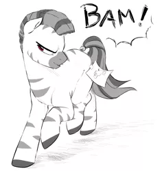 Size: 1280x1356 | Tagged: artist:glacierclear, bam, derpibooru import, fake cutie mark, glare, gun, monochrome, oc, oc:mcmiag, raised hoof, raised leg, red eyes, safe, smirk, solo, sticky note, tape, unofficial characters only, zebra