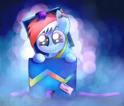 Size: 2800x2400 | Tagged: safe, artist:heavymetalbronyyeah, derpibooru import, rainbow dash, pony, :3, abstract background, blushing, christmas, cute, dashabetes, female, high res, looking at you, mare, pony in a box, present, smiling, solo, wingless