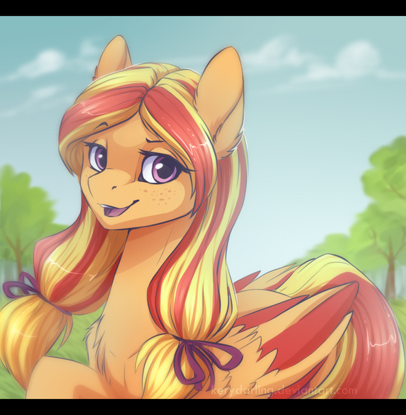 Size: 837x854 | Tagged: safe, artist:kerydarling, derpibooru import, oc, unofficial characters only, pegasus, pony, chest fluff, colored wings, colored wingtips, ear fluff, freckles, multicolored hair, multicolored wings, smiling, solo, tree