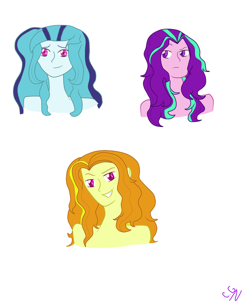 Size: 3222x4000 | Tagged: safe, artist:cartoon girl, deleted from derpibooru, derpibooru import, adagio dazzle, aria blaze, sonata dusk, equestria girls, alternate hairstyle, loose hair, the dazzlings