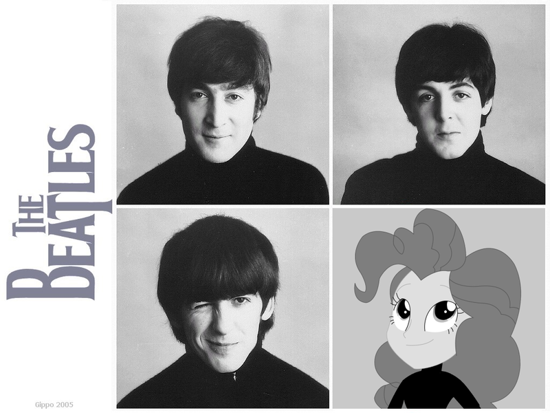 Size: 1024x768 | Tagged: safe, derpibooru import, pinkie pie, equestria girls, party pooped, clothes, george harrison, john lennon, monochrome, paul mccartney, pinko starr, sweater, the beatles, turtleneck