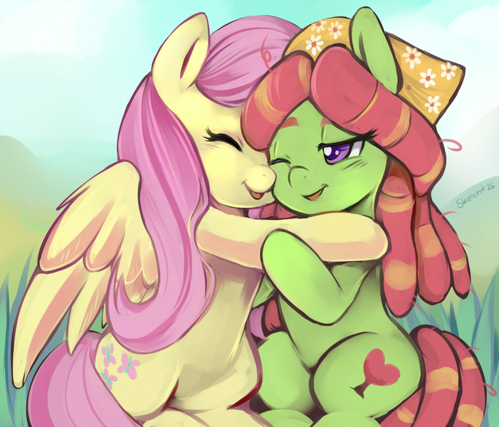 Size: 990x847 | Tagged: safe, artist:ende26, derpibooru import, fluttershy, tree hugger, pegasus, pony, cute, eyes closed, female, flutterhugger, friendshipping, hug, huggerbetes, lesbian, mare, one eye closed, open mouth, shipping, shyabetes