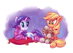 Size: 4500x3300 | Tagged: safe, artist:whitediamonds, derpibooru import, applejack, rarity, earth pony, pony, unicorn, blushing, clothes, cute, female, freckles, frown, lesbian, mare, pillow, rarijack, rarijack daily, shipping, smiling, socks, striped socks