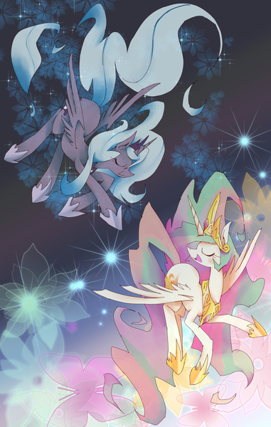 Size: 1000x1573 | Tagged: safe, artist:kolshica, derpibooru import, princess celestia, princess luna, alicorn, pony, :>, abstract background, blue mane, blue tail, crown, duo, ethereal mane, ethereal tail, eye clipping through hair, eyelashes, eyes closed, female, flower, flying, g4, hoof shoes, horn, image, jewelry, jpeg, long horn, mare, multicolored mane, multicolored tail, open mouth, open smile, peytral, princess shoes, purple coat, raised hoof, regalia, royal sisters, s1 luna, siblings, sisters, smiling, sparkles, spread wings, tail, tiara, unicorn horn, wavy mane, wavy tail, white coat, wings