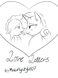 Size: 1280x1700 | Tagged: safe, artist:mrscurlystyles, derpibooru import, rarity, spike, comic:love letters, bedroom eyes, blushing, comic, cover, cute, eye contact, female, heart, male, monochrome, shipping, smiling, sparity, straight