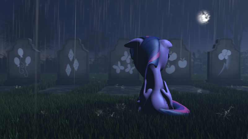 Size: 7680x4320 | Tagged: safe, artist:epiclper, derpibooru import, applejack, fluttershy, pinkie pie, rainbow dash, rarity, twilight sparkle, twilight sparkle (alicorn), alicorn, pony, 3d, absurd resolution, cutie mark, female, floppy ears, gravestone, immortality, immortality blues, implied death, mare, moon, night, rain, sad, solo, source filmmaker, twilight will outlive her friends