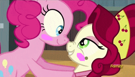 Size: 473x269 | Tagged: bedroom eyes, blushing, blush sticker, boop, cherry jubilee, cherrypie, derpibooru import, discovery family logo, edit, edited screencap, eye contact, female, grin, lesbian, ms paint, noseboop, nose wrinkle, party pooped, pinkie pie, safe, screencap, shipping, smiling