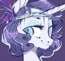 Size: 762x715 | Tagged: safe, artist:amphoera, derpibooru import, rarity, pony, unicorn, alternate hairstyle, bust, eyeshadow, fashion, female, flapper, lidded eyes, makeup, mare, portrait, purple background, rarity month, simple background, solo