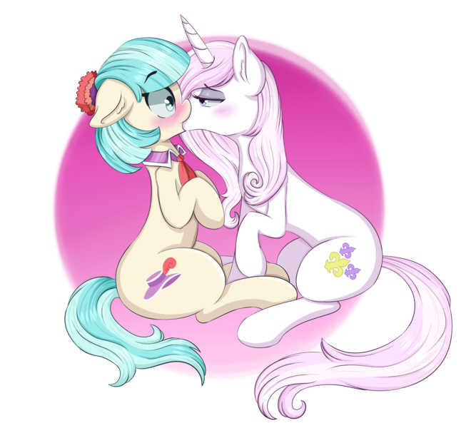 Size: 5500x5000 | Tagged: suggestive, artist:wickedsilly, derpibooru import, coco pommel, fleur-de-lis, earth pony, pony, unicorn, absurd resolution, bedroom eyes, blushing, crack shipping, female, fleur-de-coco, floppy ears, image, kiss on the lips, kissing, lesbian, mare, png, raised hoof, shipping, sitting