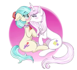 Size: 5500x5000 | Tagged: suggestive, artist:wickedsilly, derpibooru import, coco pommel, fleur-de-lis, earth pony, pony, unicorn, absurd resolution, bedroom eyes, blushing, crack shipping, female, fleur-de-coco, floppy ears, image, kiss on the lips, kissing, lesbian, mare, png, raised hoof, shipping, sitting