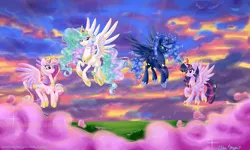 Size: 2000x1200 | Tagged: safe, artist:frostykat13, derpibooru import, princess cadance, princess celestia, princess luna, twilight sparkle, twilight sparkle (alicorn), alicorn, pony, alicorn tetrarchy, cloud, cloudy, female, flying, mare, sky, sunset