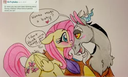 Size: 2488x1503 | Tagged: safe, artist:ameliacostanza, derpibooru import, discord, fluttershy, discoshy, female, male, shipping, straight, traditional art