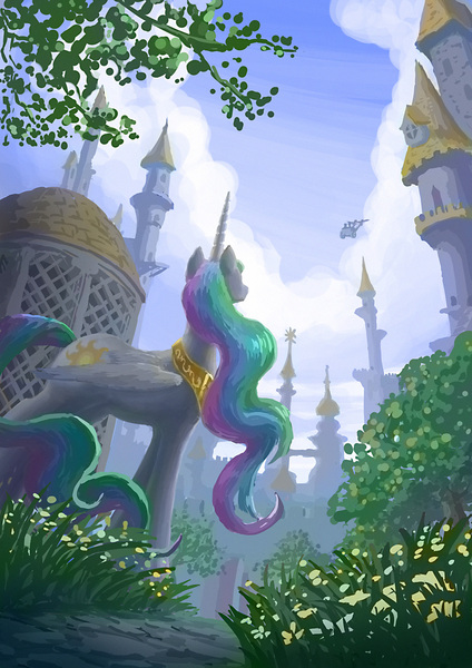 Size: 1240x1754 | Tagged: safe, artist:plainoasis, derpibooru import, princess celestia, twilight sparkle, alicorn, pegasus, pony, canterlot, chariot, departure, female, mare, pegasus royal guard, perspective, royal guard, scenery, scenery porn, solo focus