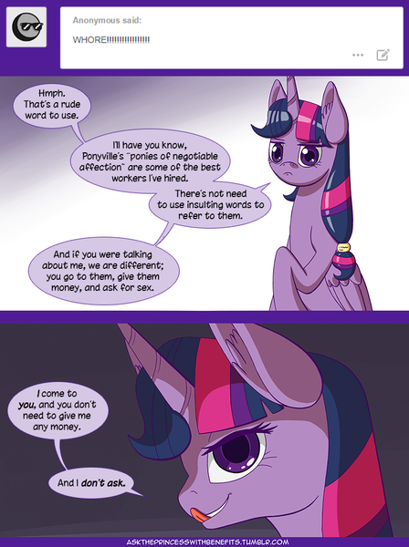 Size: 740x991 | Tagged: suggestive, artist:deusexequus, derpibooru import, twilight sparkle, twilight sparkle (alicorn), alicorn, pony, ask the princess of friendship with benefits, 2 panel comic, bueno, comic, female, implied rape, licking lips, mare, rapeface, solo, solo female, this will end in rape, tongue out