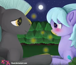 Size: 2733x2333 | Tagged: safe, artist:cluud, derpibooru import, cloudchaser, thunderlane, firefly (insect), pegasus, pony, blushing, cloud, cute, female, flower, forest, holding hooves, love, male, mare, moon, night, shipping, stallion, stars, straight, thunderchaser, together forever