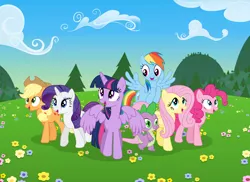 Size: 4694x3426 | Tagged: safe, artist:flarescale, artist:theshadowstone, derpibooru import, applejack, fluttershy, pinkie pie, rainbow dash, rarity, spike, twilight sparkle, twilight sparkle (alicorn), alicorn, pony, cloud, cloudy, female, flower, happy, mane seven, mane six, mare, meadow, mountain, tree, wallpaper