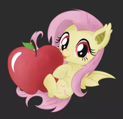 Size: 1280x1235 | Tagged: safe, artist:imoshie, derpibooru import, fluttershy, bat pony, pony, :p, apple, chibi, cute, cute little fangs, ear tufts, fangs, female, filly, flutterbat, fruit, gray background, hnnng, hug, licking, looking at you, micro, race swap, shyabates, shyabetes, silly, simple background, smiling, solo, spread wings, tongue out, weapons-grade cute, wings, younger