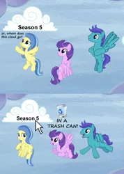 Size: 900x1264 | Tagged: background pony strikes again, caption, clear skies, cloud, cloudy, derpibooru import, edit, edited screencap, flying, image macro, meme, open skies, reaction image, safe, screencap, season 5, sunshower, tanks for the memories