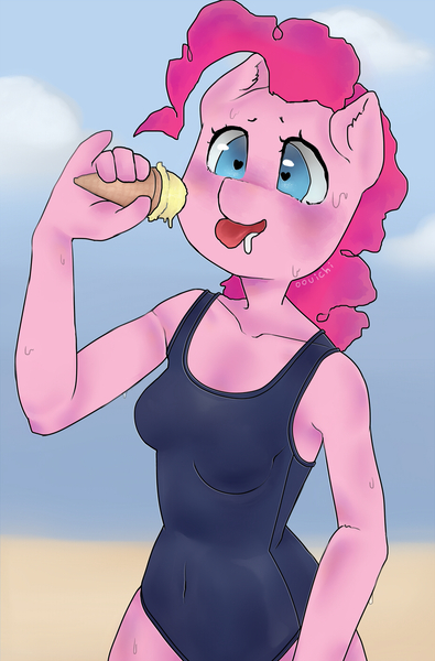 Size: 921x1400 | Tagged: anthro, artist:oouichi, beach, clothes, derpibooru import, ice cream, ice cream cone, one-piece swimsuit, pinkie pie, solo, suggestive, summer, swimsuit