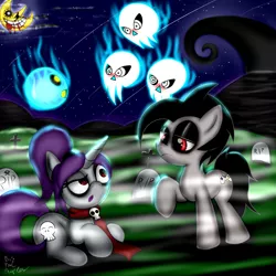 Size: 1280x1280 | Tagged: safe, artist:paulpeopless, derpibooru import, oc, oc:paulpeoples, oc:rosey, unofficial characters only, earth pony, pony, unicorn, :o, clothes, crossover, female, frown, gravestone, graveyard, male, mare, moon, necromancer, necromancy, prone, raised eyebrow, raised hoof, scarf, signature, skull, stallion