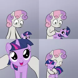 Size: 2000x2000 | Tagged: safe, derpibooru import, sweetie belle, twilight sparkle, unicorn, cute, exploitable meme, filly, filly twilight sparkle, happy, hug, meme, open mouth, size difference, smiling, sweetie's note meme, twiabetes, unicorn twilight