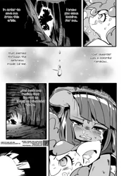 Size: 1040x1477 | Tagged: safe, artist:sung and ama, derpibooru import, maud pie, pinkie pie, comic:the friendship necklace, clothes, comic, crying, dialogue, ear fluff, feels, monochrome, smiling, sweat, tongue out, translation