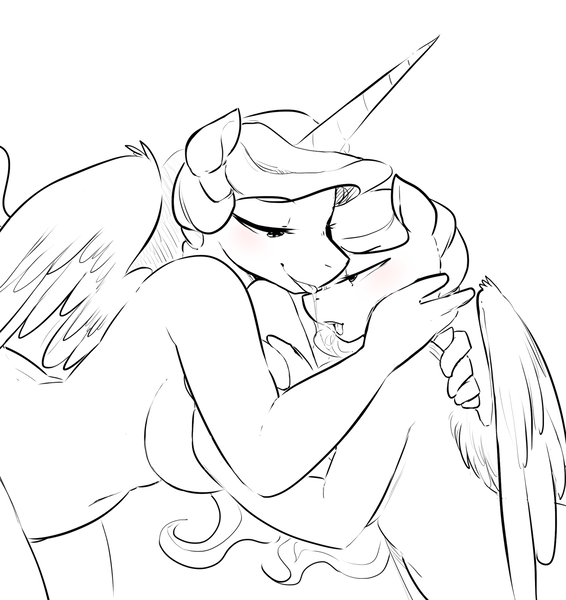 Size: 1280x1356 | Tagged: anthro, artist:glacierclear, belly button, big breasts, blushing, breasts, busty princess celestia, derpibooru import, drool, drool string, female, huge breasts, incest, kissing, lesbian, monochrome, nudity, princess celestia, princess luna, princest, questionable, shipping, sloppy kissing