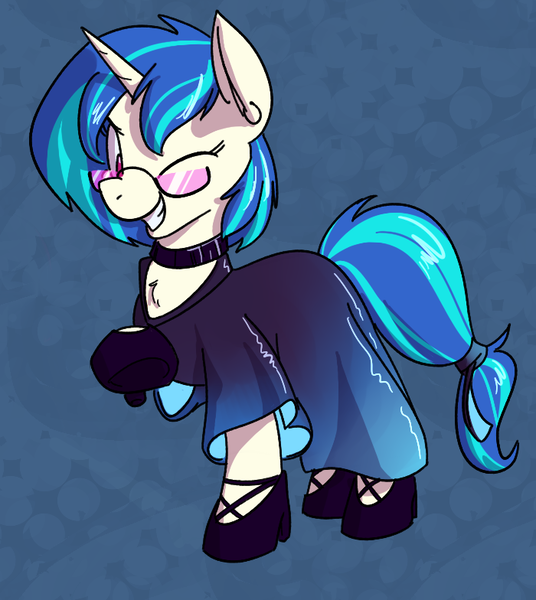 Size: 700x784 | Tagged: artist:goat train, clothes, collar, derpibooru import, dress, earring, glasses, grin, high heels, piercing, pointing, raised hoof, safe, shoes, solo, tail bow, vinyl scratch, wink