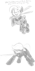 Size: 1000x2000 | Tagged: applejack, armor, artist:khorme, comic, crossover, derpibooru import, dialogue, konami, metal gear, metal gear rising, monochrome, mouth hold, ponified, safe, sketch, sundowner, sword