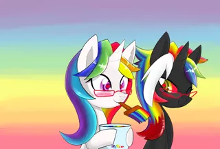 Size: 2039x1378 | Tagged: safe, artist:potzm, derpibooru import, oc, oc:lawyresearch, oc:lawyshadow, unofficial characters only, pony, unicorn, blushing, gay pride, gay pride flag, heart eyes, pride, wingding eyes