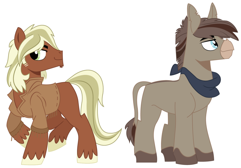 Size: 1500x1045 | Tagged: artist:dbkit, bandana, clothes, derpibooru import, jacket, mule, oc, oc:clarence, oc:ponderosa pine, offspring, parent:braeburn, parent:roseluck, parents:roseburn, safe, simple background, transparent background, unofficial characters only