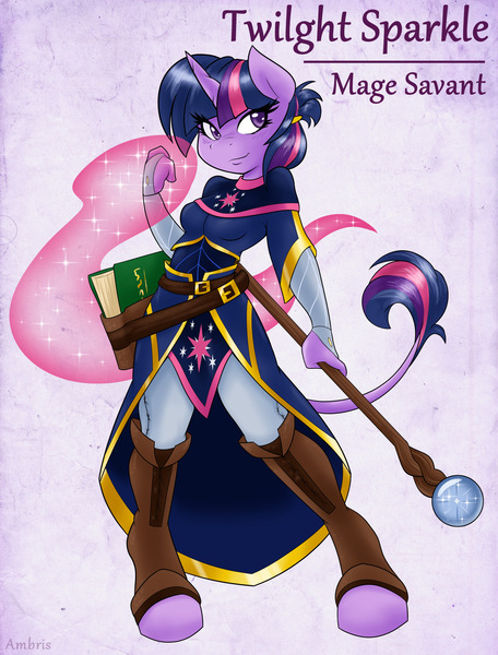 Size: 1274x1675 | Tagged: adventuring is magic, anthro, artist:ambris, book, classical unicorn, colored pupils, derpibooru import, leonine tail, magic, multiple variants, safe, solo, staff, twilight sparkle, unguligrade anthro