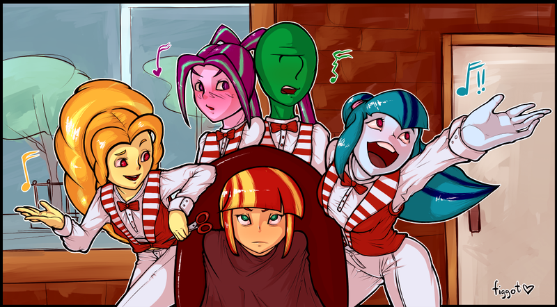 Size: 1005x555 | Tagged: safe, artist:figgot, derpibooru import, adagio dazzle, aria blaze, sonata dusk, sunset shimmer, oc, oc:anon, equestria girls, alternate hairstyle, barbershop quartet, blushing, haircut, singing, the dazzlings, tsundaria, tsundere, unamused