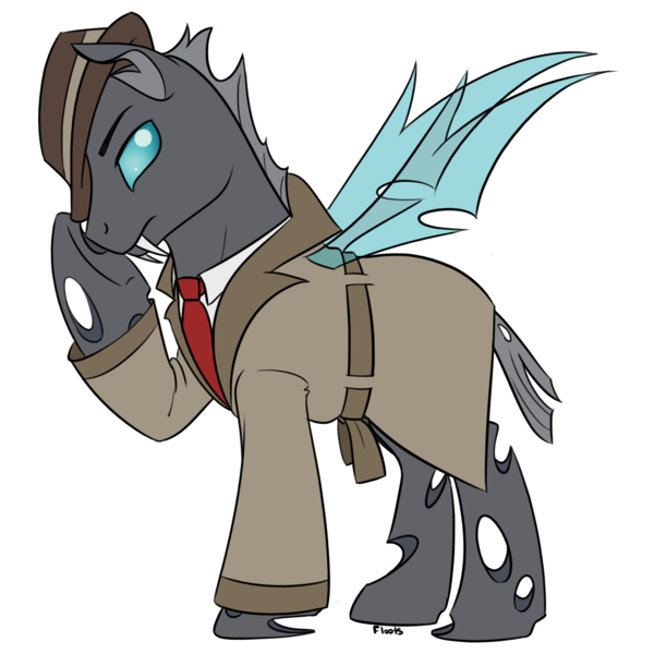 Size: 2100x2100 | Tagged: artist:floots, changeling, commission, derpibooru import, detective, hat, noir, oc, oc:private eye, pony turned changeling, safe, simple background, transparent background, trilby, unofficial characters only