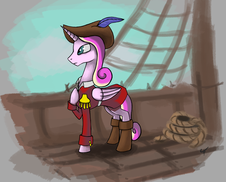 Size: 2162x1738 | Tagged: safe, artist:quadrog, derpibooru import, princess cadance, alicorn, pony, clothes, folded wings, hoof on chest, looking away, pirate, ship, solo, standing, wings