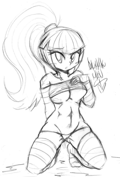 Size: 828x1219 | Tagged: questionable, artist:danmakuman, derpibooru import, sonata dusk, equestria girls, arm warmers, belly button, breasts, cameltoe, clothes, female, lineart, monochrome, nudity, panties, ponytail, sketch, socks, solo, solo female, striped socks, thigh highs, thong, tube top, underboob, underwear