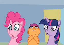 Size: 500x350 | Tagged: animated, brutaloo, context is for the weak, derpibooru import, dolly zoom, omg, pinkie pie, reaction image, safe, scared, scootaloo, tumblr, twilight sparkle