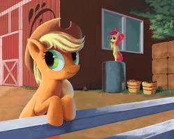 Size: 1024x817 | Tagged: safe, artist:maggwai, derpibooru import, apple bloom, applejack, apple, barn, bipedal leaning, fence, reflection, smiling, standing, window