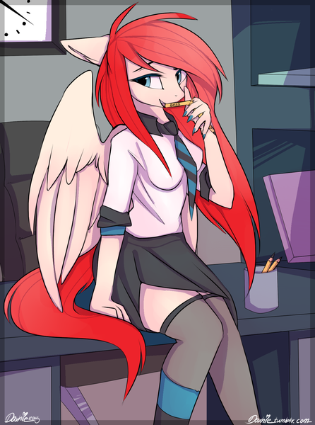 Size: 1280x1723 | Tagged: anthro, anthro oc, artist:daxhie, broken, clock, clothes, derpibooru import, desk, looking at you, nail polish, necktie, oc, oc:bailey, office, office chair, pegasus, pencil, pencil holder, professional, safe, schoolgirl, sitting, skirt, socks, solo, spread wings, thigh highs, unofficial characters only, zettai ryouiki