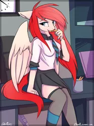 Size: 1280x1723 | Tagged: anthro, anthro oc, artist:daxhie, broken, clock, clothes, derpibooru import, desk, looking at you, nail polish, necktie, oc, oc:bailey, office, office chair, pegasus, pencil, pencil holder, professional, safe, schoolgirl, sitting, skirt, socks, solo, spread wings, thigh highs, unofficial characters only, zettai ryouiki