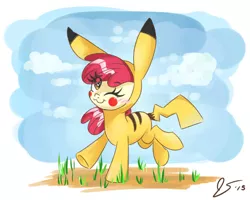 Size: 999x799 | Tagged: :3, adorabloom, apple bloom, artist:dreamscapevalley, blushing, clothes, cosplay, costume, cute, derpibooru import, eye clipping through hair, ikue otani, one eye closed, pikabloom, pikachu, pokémon, safe, solo, voice actor joke, wink