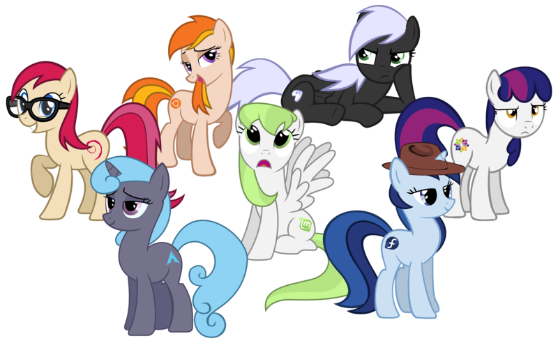 Size: 3275x2016 | Tagged: safe, artist:alecza1234, artist:daringdashie, artist:delectablecoffee, artist:fenrir connell, artist:longsummer, artist:silvervectors, artist:wolfsman2, artist:zee66, derpibooru import, oc, ponified, unofficial characters only, earth pony, pegasus, pony, unicorn, arch linux, centos, debian, fedora, fedora (os), female, gentoo, hat, linux, linux mint, mare, os pony, raised hoof, simple background, transparent background, ubuntu, vector