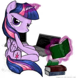 Size: 850x875 | Tagged: safe, artist:flutterthrash, derpibooru import, twilight sparkle, twilight sparkle (alicorn), alicorn, pony, book, computer, female, laptop computer, linux, looking at you, mare, terminal