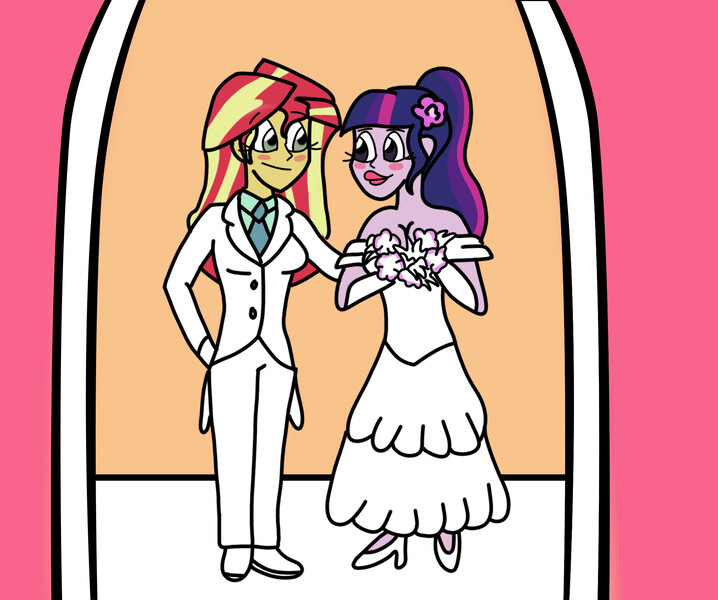 Size: 2034x1700 | Tagged: safe, artist:hyperforcego, derpibooru import, sunset shimmer, twilight sparkle, equestria girls, commission, female, humanized, lesbian, shipping, sunsetsparkle, wedding